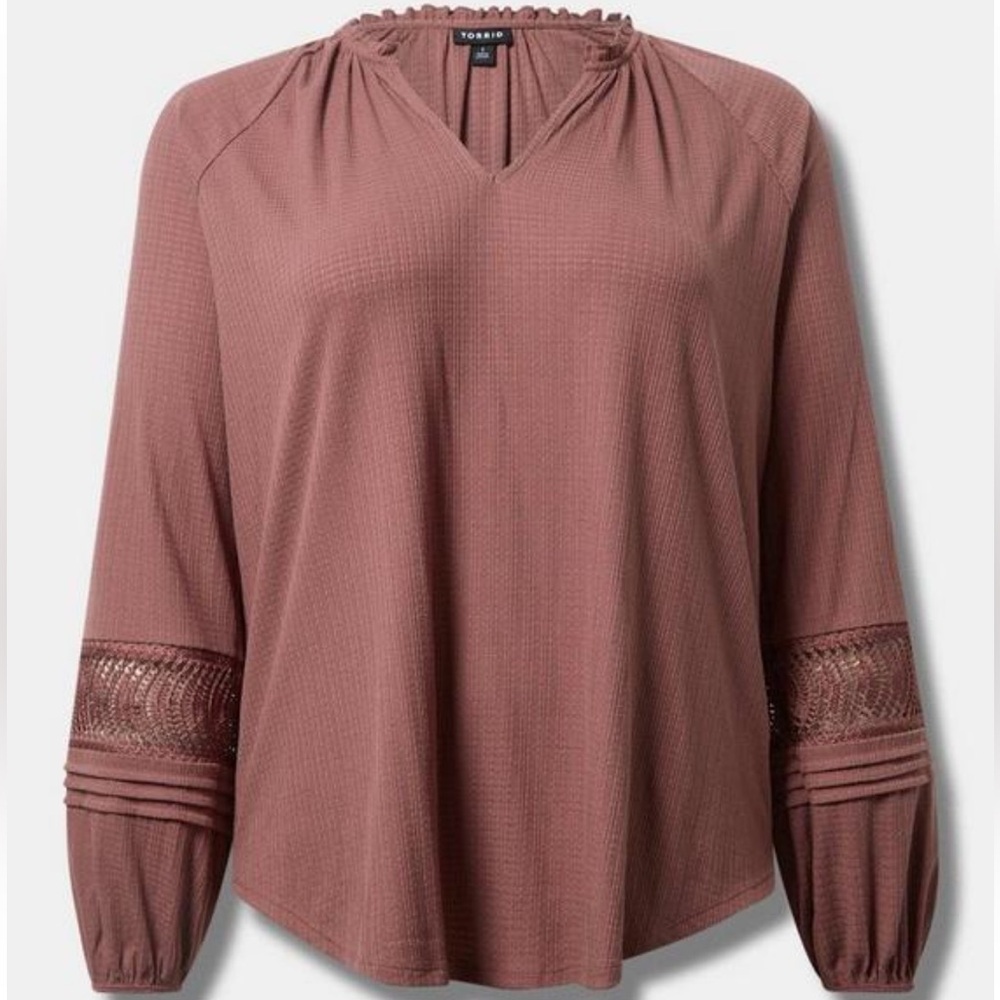 V-Neck Crochet Textured Long Sleeve Top